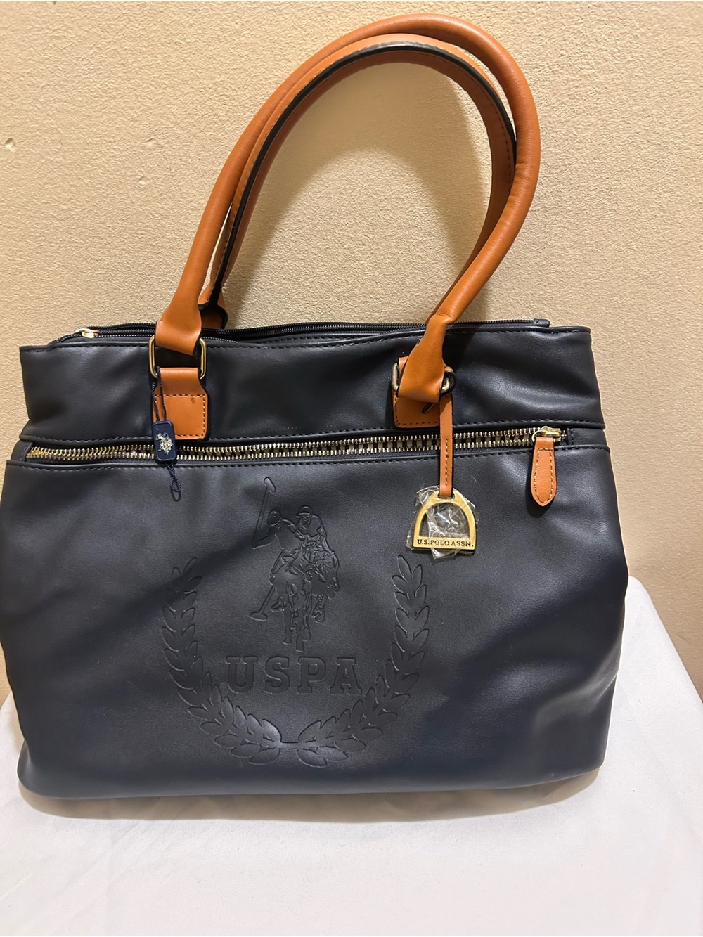 U.S. Polo Assn. Navy Tote with Tan Handles